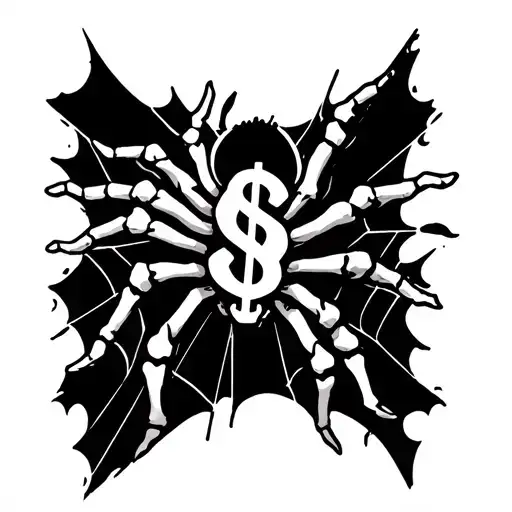 make a skeleton hand with a spider with a dollar sign on it and spider webs going through for a hand tattoo design  tattoo design idea