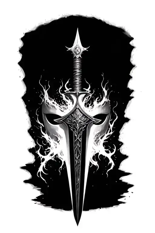 ethereal dagger going through a mask of retribution tattoo design idea
