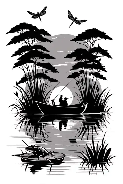 fresh water front during sunrise  with frog on lily pad and cattails and dragonflies with couple on boat fishing  tattoo design idea