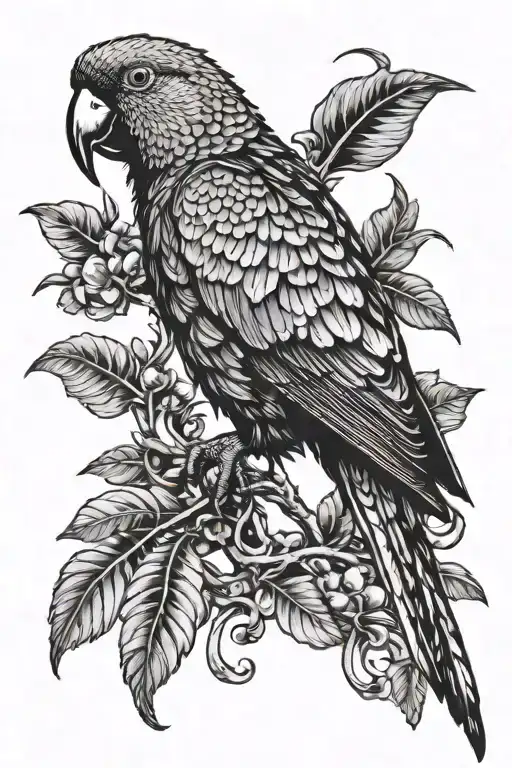 Eery mysterious parrot with mental issues and eating disorder attractive tattoo design idea