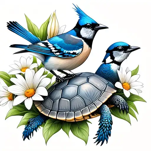 turtle and bluejay with lily and daisy flowers tattoo design idea