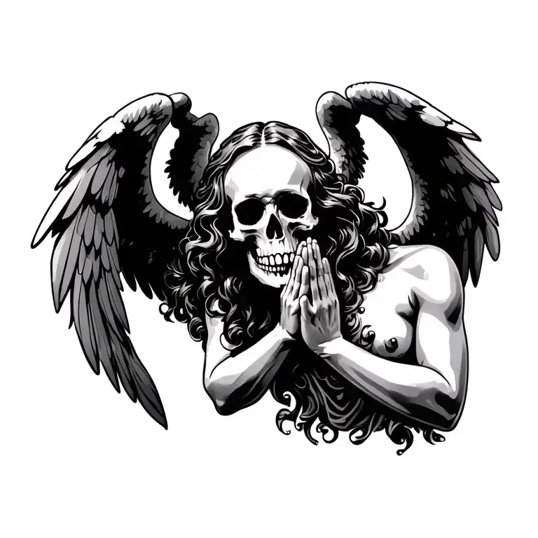 cupid, skull, blind angels praying tattoo design idea