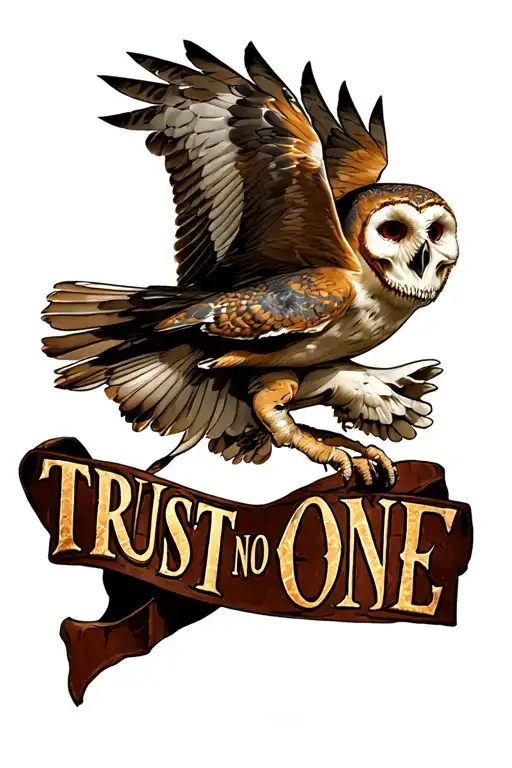 realistic skull with flying barn owl and letters trust no one tattoo design idea