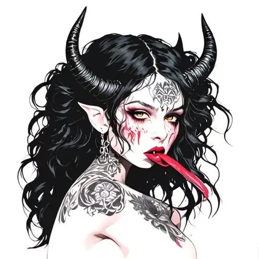 Sexy Pale Girl, petite, big boobs, wide hips, G-String. Messy hair, demonic horns, sexual. Seductively licks top lip. tattoo design idea