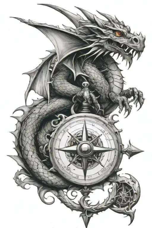 dragon with a compass and a sword tattoo design idea