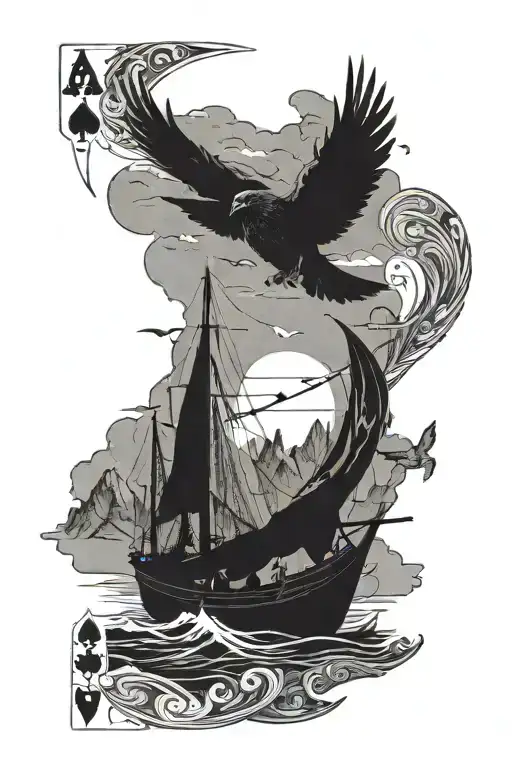 silhouette in a fishing boat in the mountains, bird soaring in the far distant, playing cards tattoo design idea