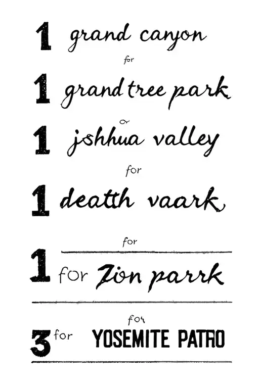 5 post stamps: 1 for grand canyon, 1 for joshua tree park, 1 for death valley, 1 for Zion park, 1 for Yosemite park tattoo design idea
