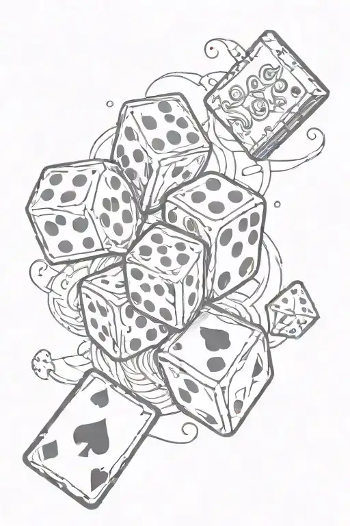 A Black and white  Tattoo Design Of A Dice and playing cards, With Lucky Symbols On Each Side,  tattoo design idea