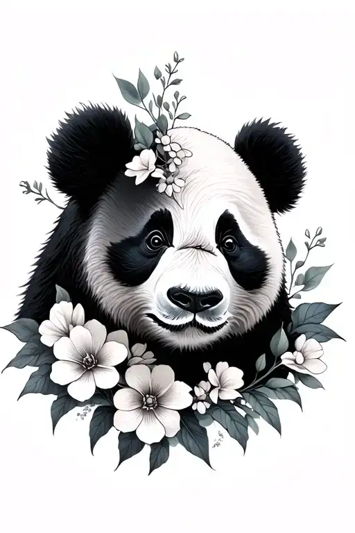 panda with half face as flowers blooming tattoo design idea
