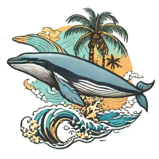humpback whale swimming in a palm tree beach  tattoo design idea