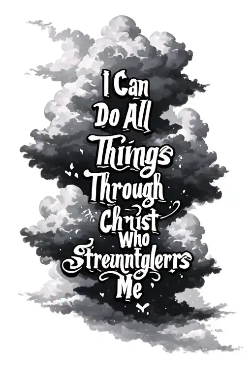 cloud background black and white with text saying "I Can Do All Things Through Christ Who Strengthens Me" tattoo design idea