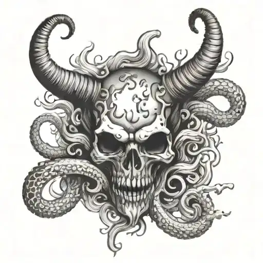 A surreal artwork of a die with tentacle-like smoke emerging from it, forming the shape of a devilish figure with horns. tattoo design idea