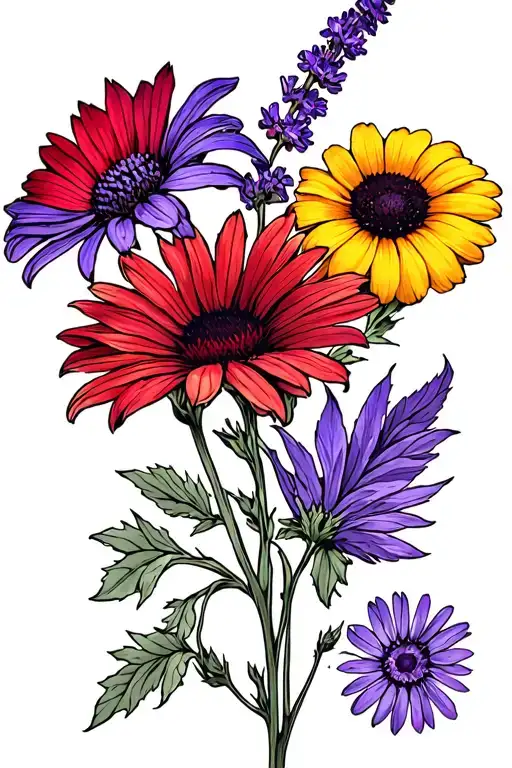 Fine line tattoo on leg Lavender flower, red coneflower, black eyed susan,  marigold, purple african daisy, sage, tattoo design idea