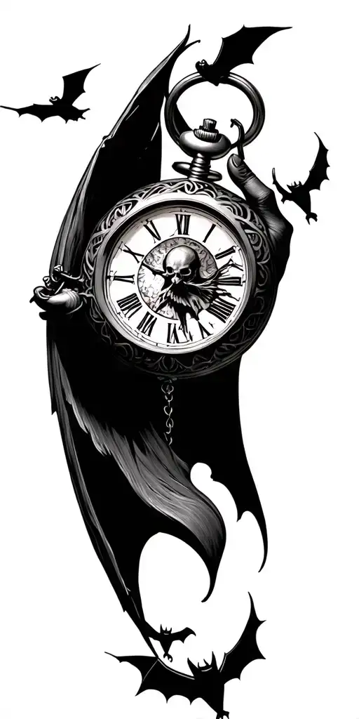 bats flying pocket watch reaper holding tattoo design idea