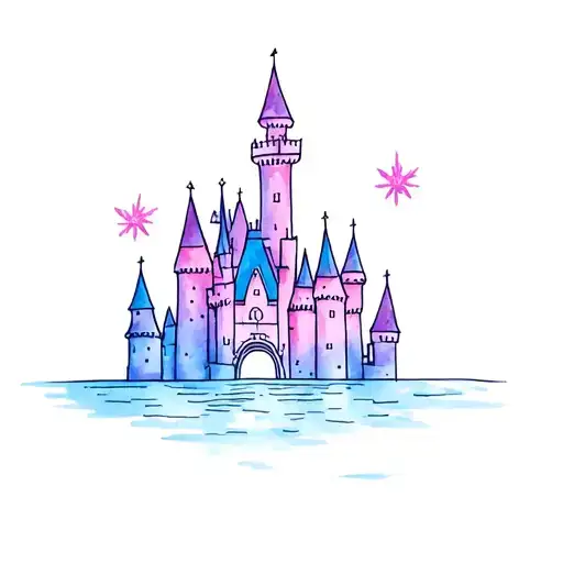 dainty disney castle tattoo with a little bit of color like purples pinks and blues pastel tattoo design idea