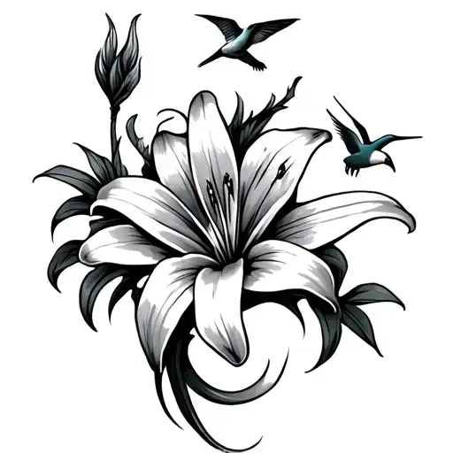 simple dragon lily and hummingbird hovering tattoo design idea