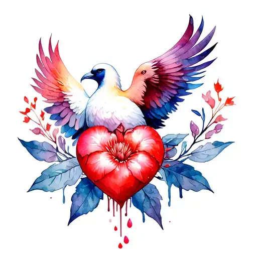 bleeding heart flower with phoenix bird tattoo design idea