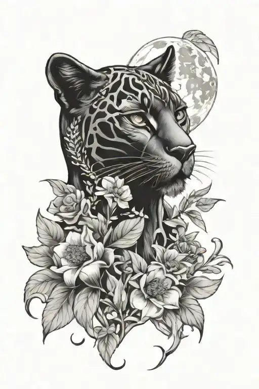 lunar moon,black panther ,sweet pea and daisy flowers tattoo design idea