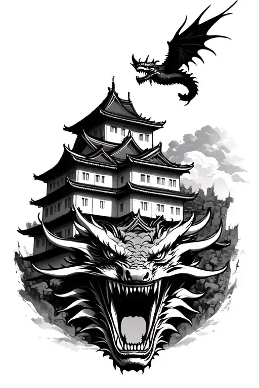 Japanese castle in ruin with the face of a dragon flying above tattoo design idea