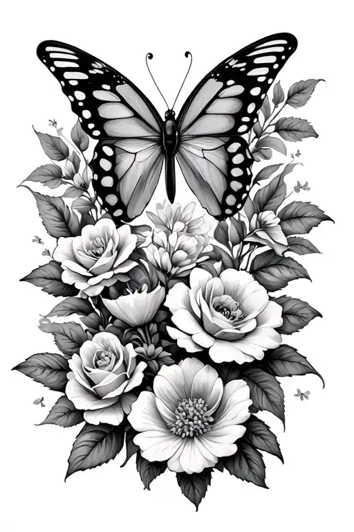 butterfly with flowers anf roseary cross tattoo design idea