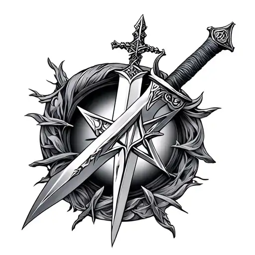 The broken sword Narsil with Arwen Evenstar pendant wrapped around it tattoo design idea