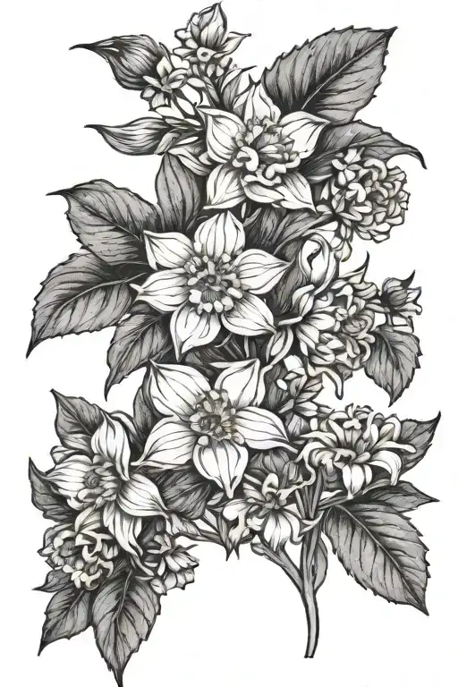 Daffodil & Jonquil (march birth flowers), Daisy & Sweetpea (april birth flowers), Chrysanthemums (november birth flowers tattoo design idea
