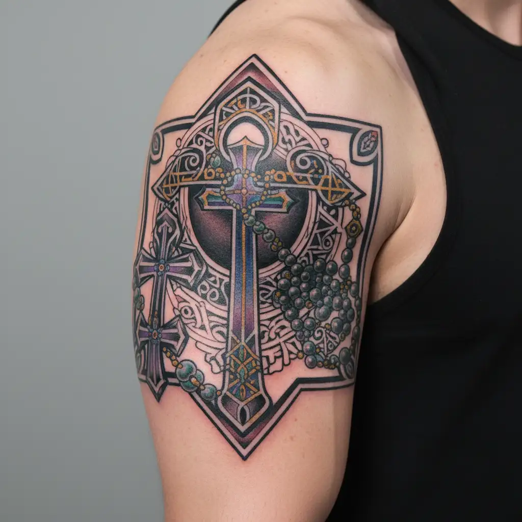 ankh symbol with islamic prayer beads intertwined tattoo design idea