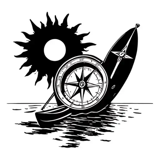 Compass lake and sun and paddleboard tattoo design idea