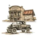 Old car in front of restaurant building tattoo design idea