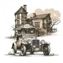 Old car in front of restaurant building tattoo design idea