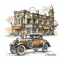 Old car in front of restaurant building tattoo design idea