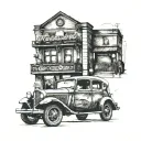 Old car in front of restaurant building tattoo design idea