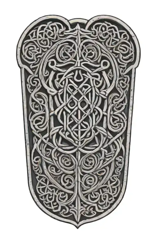 Create a modern interpretation of a Viking rune stone featuring complex knotwork details tattoo design idea