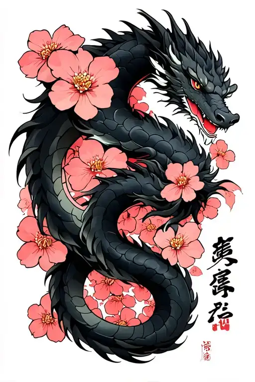 "言わぬが花" "言わぬが花" Include the text vertically down the forearm.  Have a black dragon swirling around the arm with a base of cherry blossom tattoo design idea
