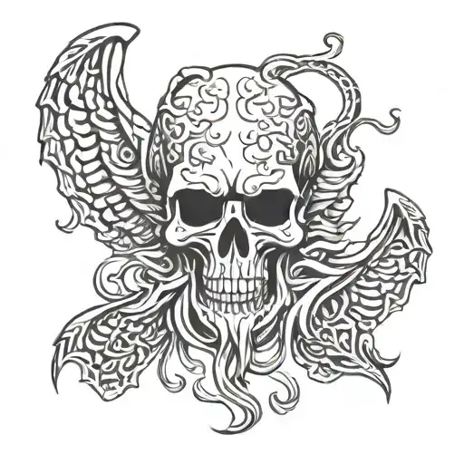 cthulhu skull with wings frontal view  tattoo design idea