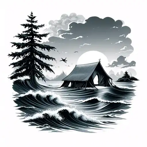 camping and ocean waves tattoo design idea