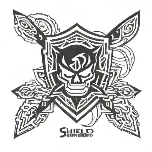 Shield logo incorporated with symbols from one piece, naruto, bleach, avatar the last air bender tattoo design idea