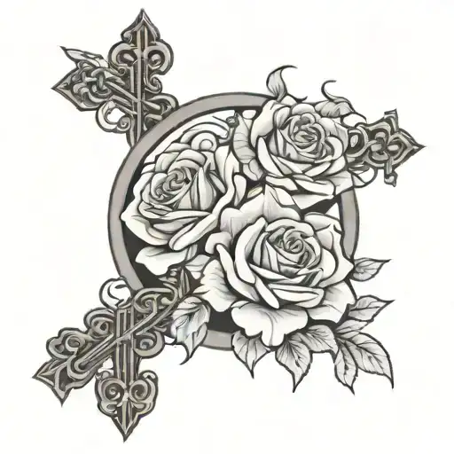 cross and chain and roses coming tattoo design idea