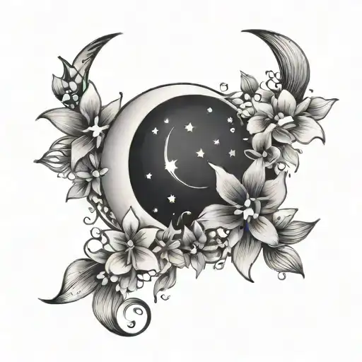 crescent moon and stars with flowers forming tattoo design idea