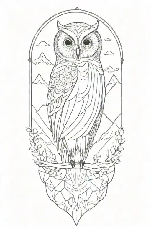 owl perched in mountains tattoo design idea