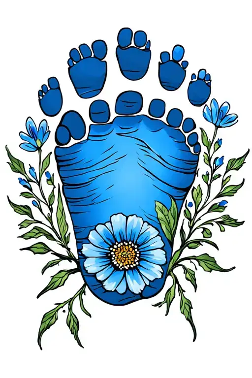 baby foot print, blue, flowers tattoo design idea