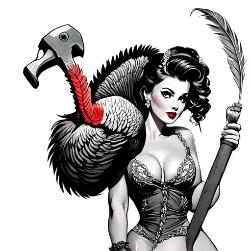 Turkey feather with sledge hammer and pinup girl  tattoo design idea