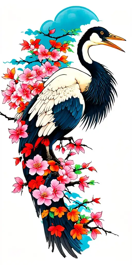mens style Japanese tattoo with a crane and colorful cherry blossom tree incorporated in it for full arm covering  tattoo design idea