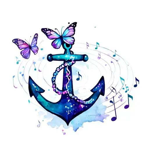anchor with sparkly butterfly flying around it with a sparkly music note trail tattoo design idea