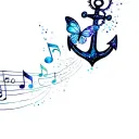 anchor with sparkly butterfly flying around it with a sparkly music note trail tattoo design idea