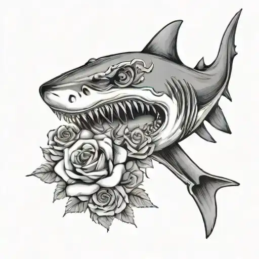 a shark jaw thats open with roses around it and a snake with roses for eyes tattoo design idea