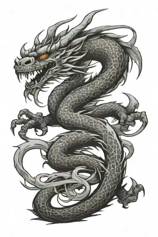 the name Ching in upper case letters individual letters down with dragon going trough evey letter using Distropiax font tattoo design idea