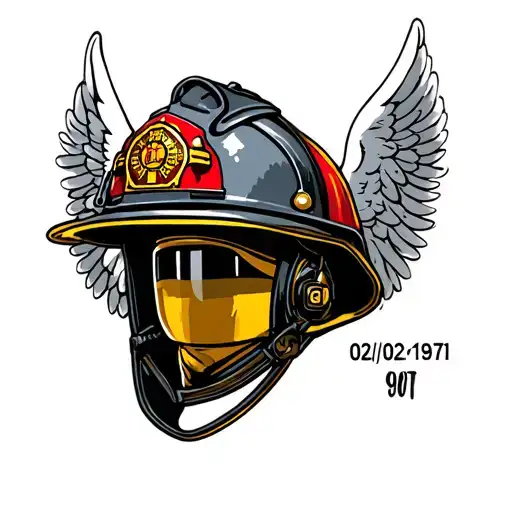 Firefighter helmet with Angel Wings with date 02/02/1971 tattoo design idea
