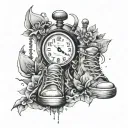 tattoo with broken clocks and hourglass fading away money and jordan shoes all around, make it look like controlled chao tattoo design idea