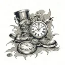 tattoo with broken clocks and hourglass fading away money and jordan shoes all around, make it look like controlled chao tattoo design idea